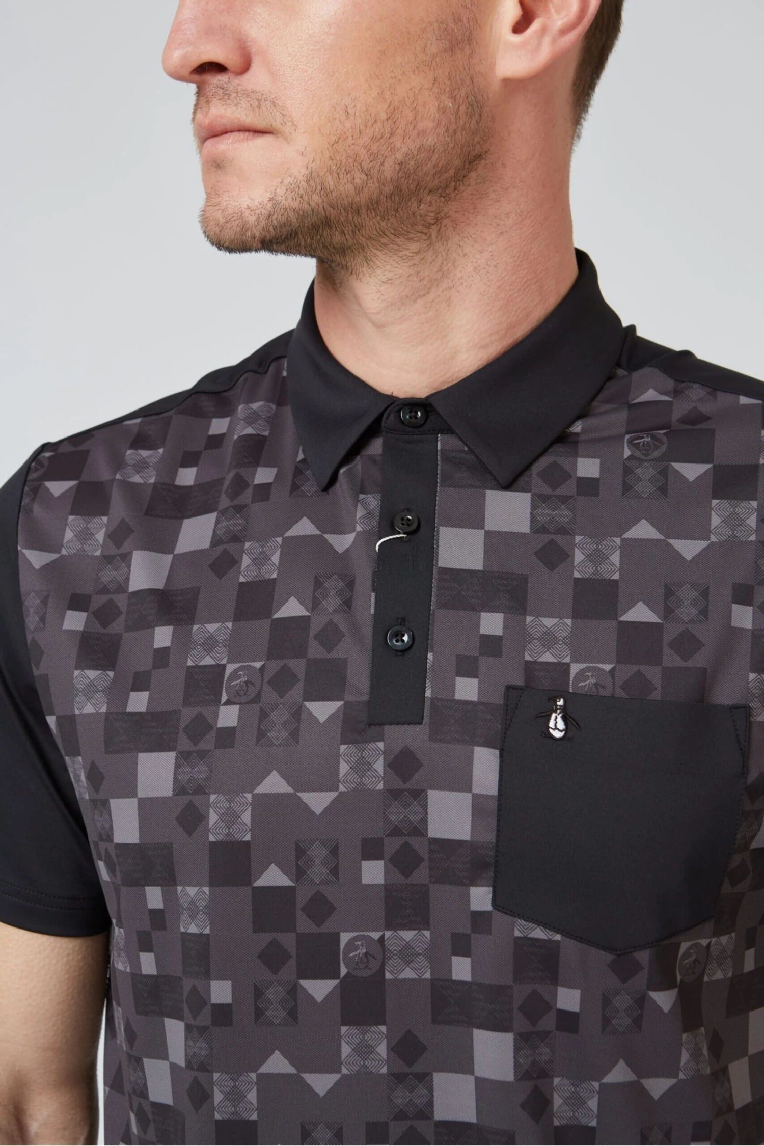 Original Penguin Golf Checkerboard Oxford Colourblock Black Polo Shirt 5 Original Penguin Golf Checkerboard Oxford Colourblock Black Polo Shirt - Image 3