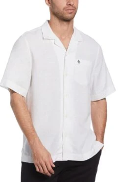 Original Penguin Short Sleeve Linen Blend Shirt In White