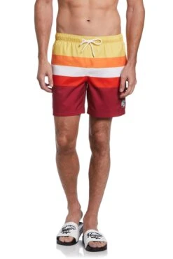 Original Penguin Multi Stripe Swim Shorts In Red
