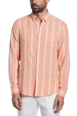 Original Penguin Orange Linen Blend Striped Shirt