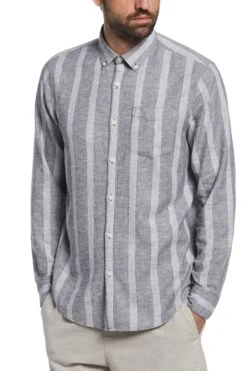 Original Penguin Grey Linen Blend Striped Shirt