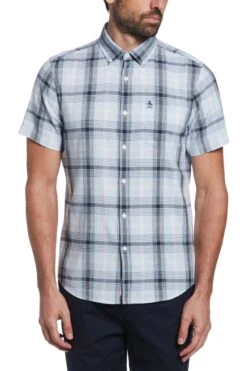 Original Penguin Blue Short Sleeve Tonal Plaid Shirt