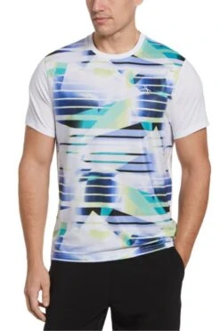 Original Penguin Mens Tennis Spliced Energy Stripe Crew White T-Shirt