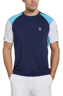 Original Penguin Mens Blue Tennis Colourblock Crew T-Shirt